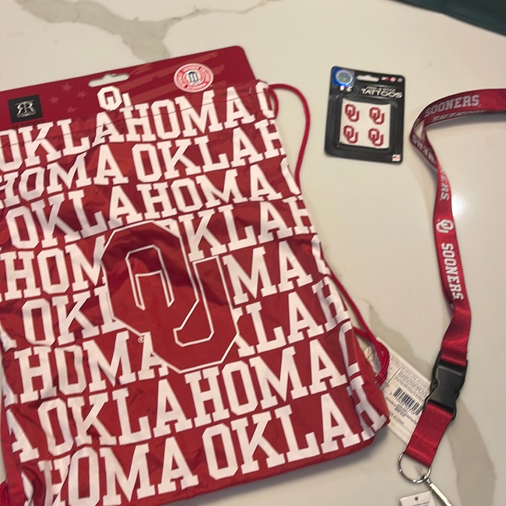 Oklahoma OU Sooners drawstring bag, lanyard and tattoos NWT